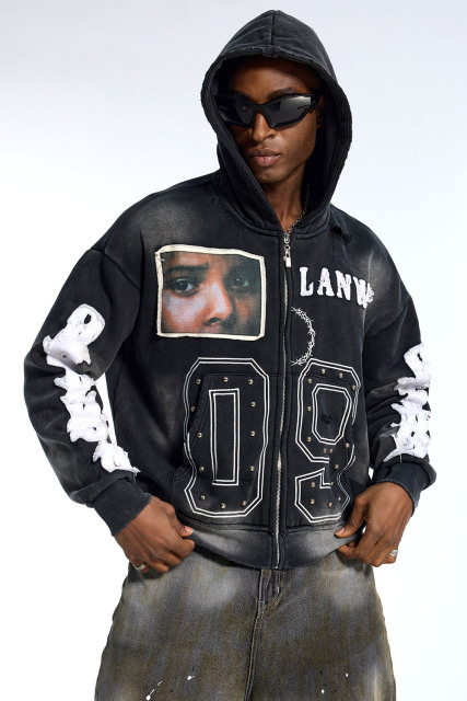 Custom Oversized Black Wash Hoodie - Face Patch & Distressed Sleeve Detail High Street Sweatshirt