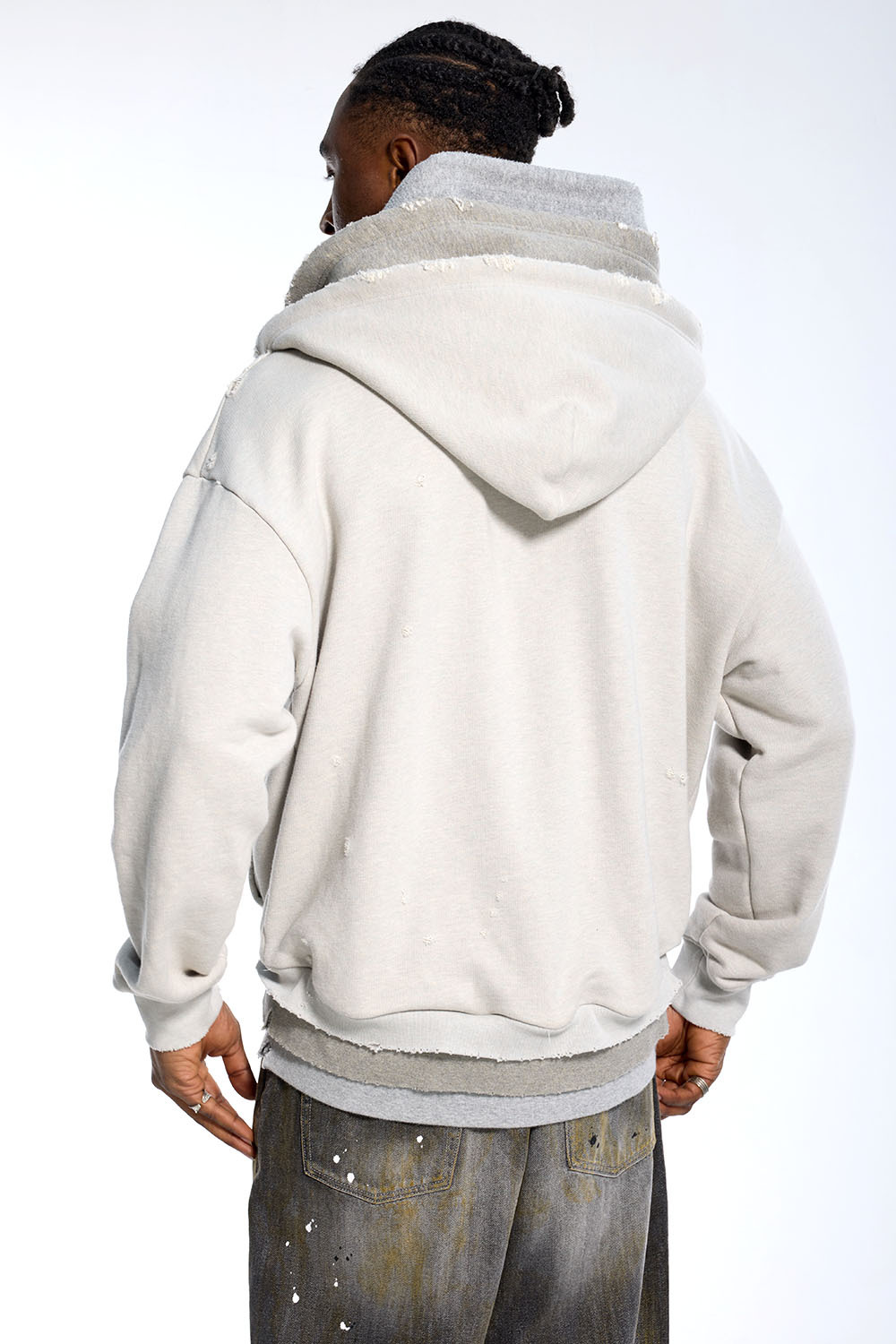 Custom Oversized Beige & Grey Hoodie - Distressed Hem & Double Hood Detail High Street Sweatshirt