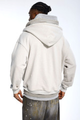 Custom Oversized Beige & Grey Hoodie - Distressed Hem & Double Hood Detail High Street Sweatshirt
