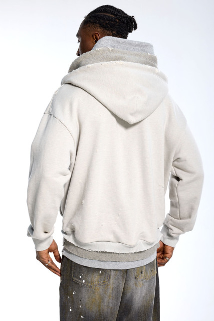 Custom Oversized Beige & Grey Hoodie - Distressed Hem & Double Hood Detail High Street Sweatshirt