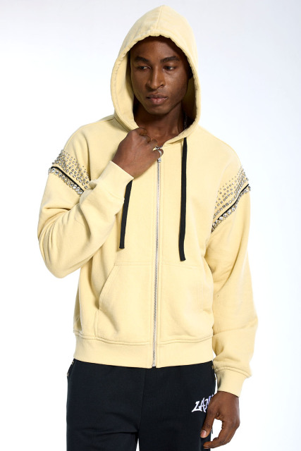 Custom Oversized Yellow Hoodie - Rhinestone Shoulder Detail High Street Sweatshirt