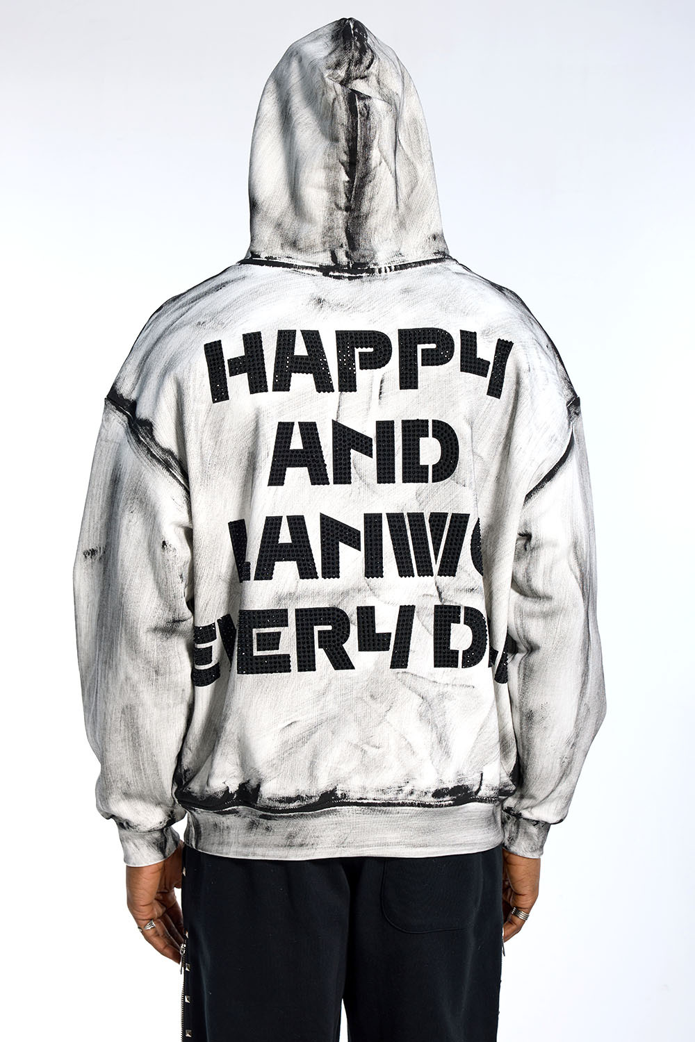 Custom Oversized Black & White Hoodie - Hand-Painted Wash Detail High Street Sweatshirt