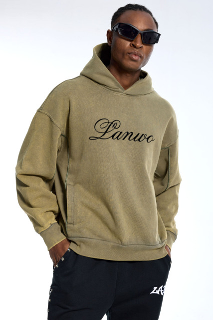 Custom Oversized Olive Hoodie - Vintage Wash & Seam Detail High Street Sweatshirt