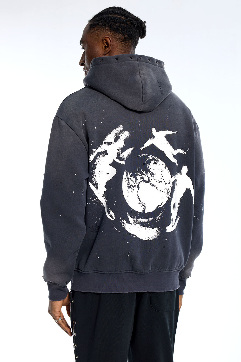 Custom Oversized Dark Grey Hoodie - Studded Detail & Paint Splatter High Street Sweatshirt