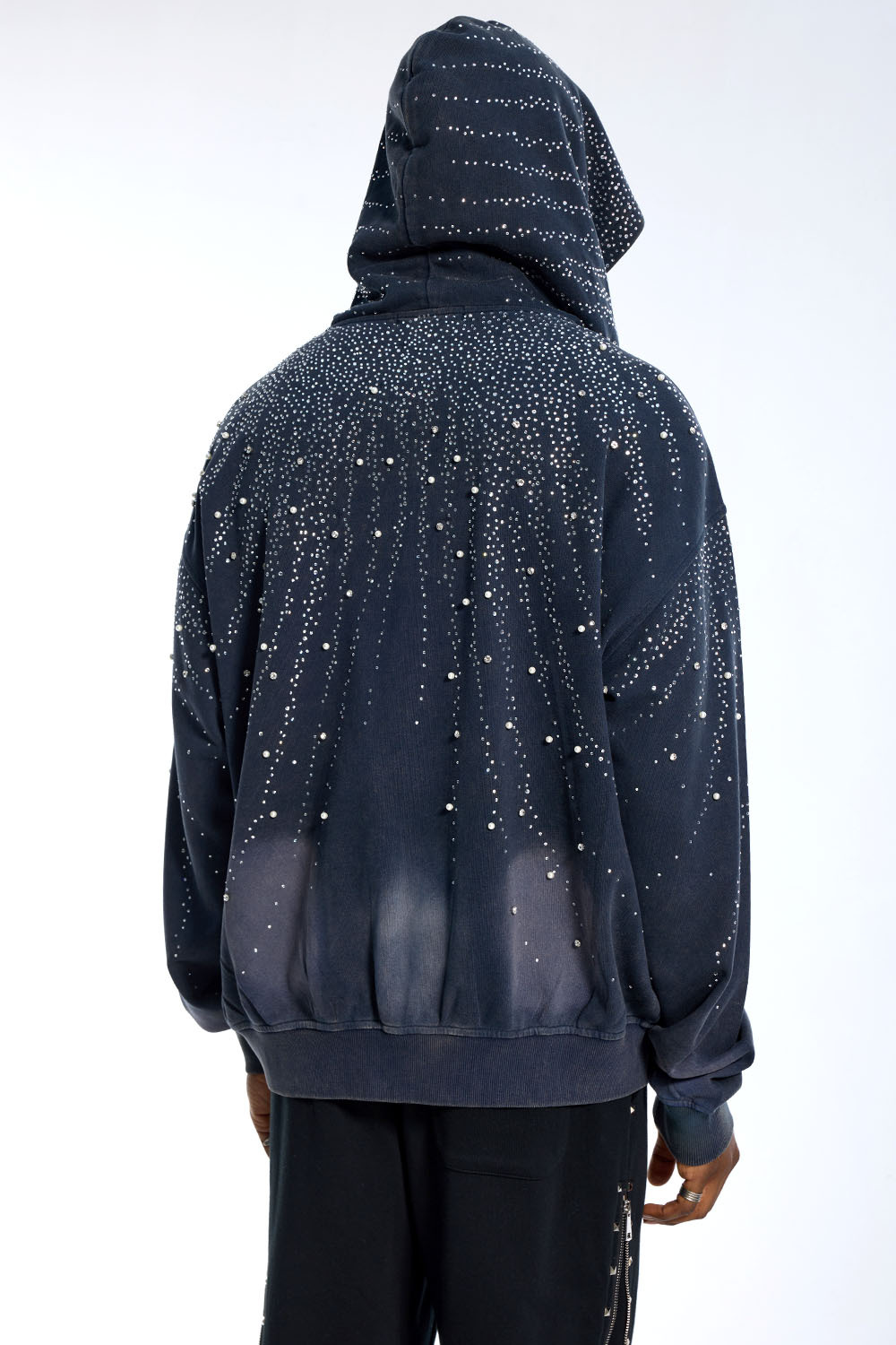 Custom Oversized Navy Wash Hoodie - Rhinestone Drip Detail High Street Sweatshirt