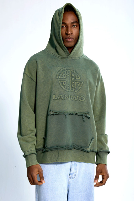 Custom Oversized Green Wash Hoodie - Embossed Detail & Raw Edge Fringe High Street Sweatshirt