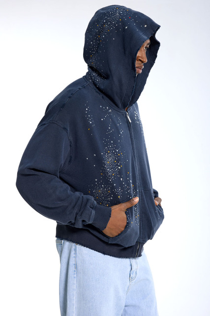 Custom Streetwear Distressed Hoodie - Star Rhinestone Embellished & Raw Edge Casual Jacket