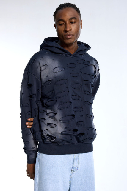 Custom Streetwear Destroyed Hoodie - Gradient Wash & Cut-Out Holes Casual Pullover
