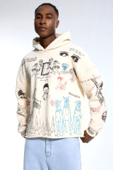 Custom Oversized Cream Hoodie - Multi-Graphic & Raw Edge Detail High Street Sweatshirt