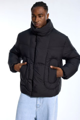 Custom Oversized Black Puffer Jacket - High Collar & U-Shaped Quilt Detail