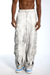 Custom Oversized White Cargo Pants - Multi-Pocket & Distressed Hole Detail High Street Trousers