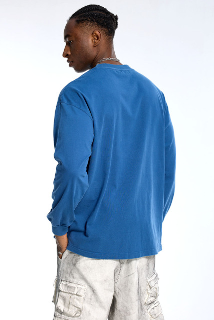 Custom Oversized Blue Long Sleeve T-Shirt - Distressed Hole Detail High Street Top