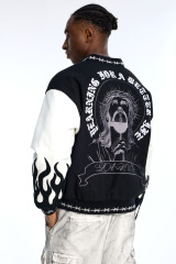 Custom Oversized Black Varsity Jacket - Leather Sleeve & Chenille Patch Detail High Street Coat