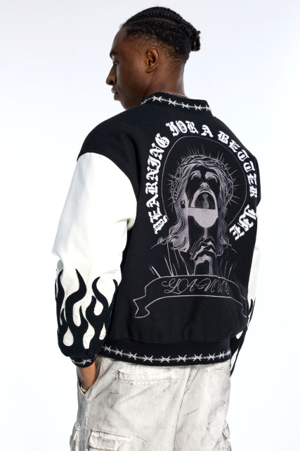 Custom Oversized Black Varsity Jacket - Leather Sleeve & Chenille Patch Detail High Street Coat