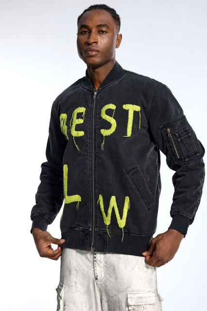 Custom Oversized Black Denim Bomber - Fringed Letter Embroidery High Street Coat