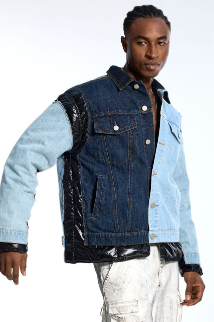 Custom Vintage Denim Jacket - Two-Tone Wash & Puffer Sleeve Detail Streetwear Coat