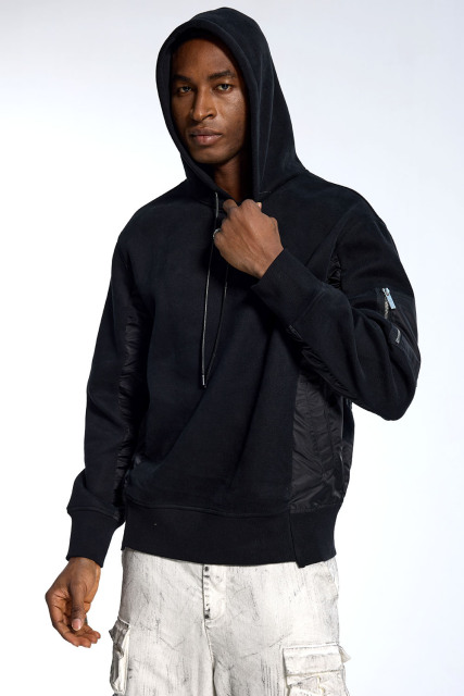 Custom Oversized Black Hoodie - Quilted Nylon Sleeve Detail High Street Sweatshirt
