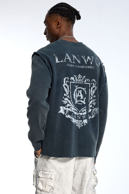 Custom Oversized Dark Grey Long Sleeve - Waffle Knit & Raw Edge Detail High Street Top