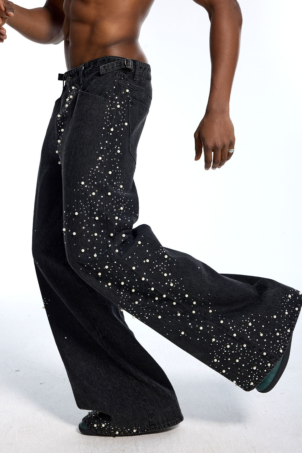 Custom Vintage Black Washed Jeans - Flare Leg & Pearl Rhinestone Accent Streetwear Pants