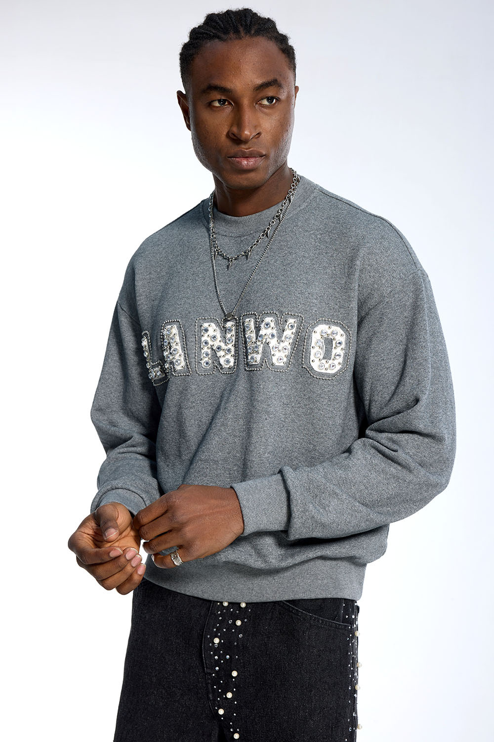 Custom Oversized Grey Sweatshirt - Rhinestone & Pearl Letter Detail High Street Sweatshirt