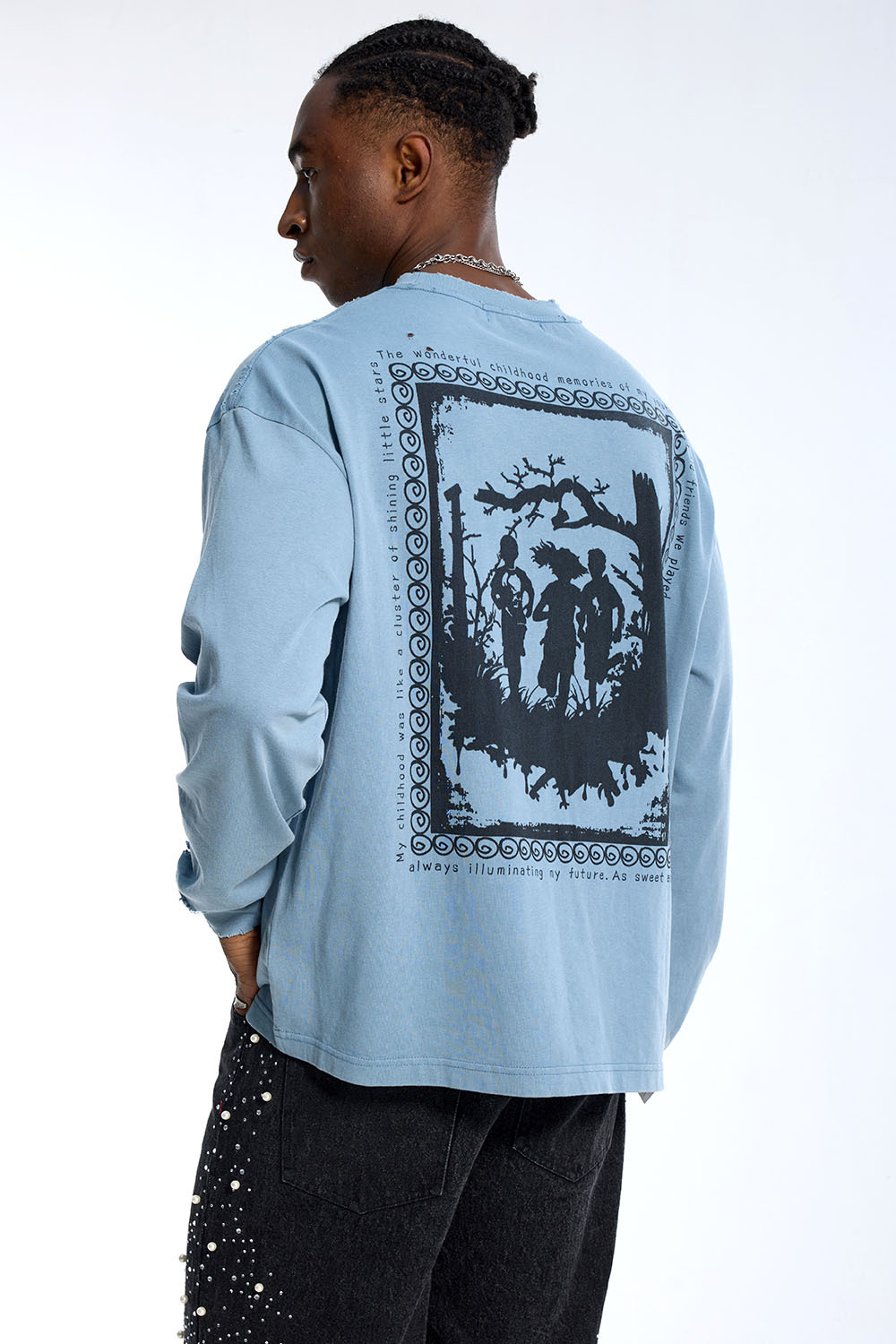 Custom Oversized Light Blue Long Sleeve - Distressed Hole & Graphic Detail High Street Top