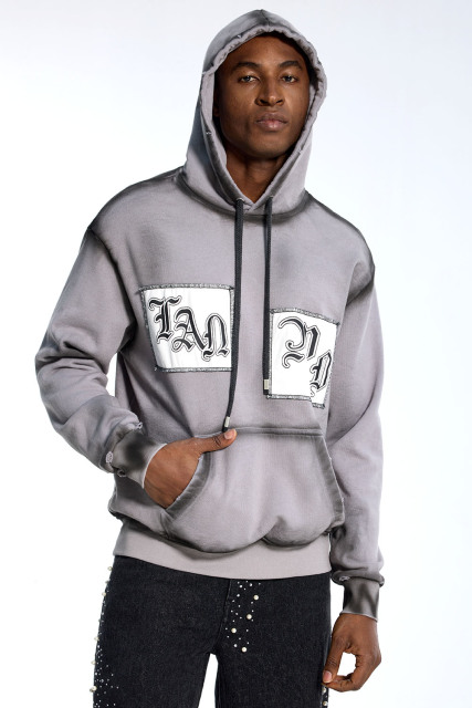 Custom Oversized Grey Hoodie - Gradient Wash & Gothic Letter Patch Detail High Street Sweatshirt