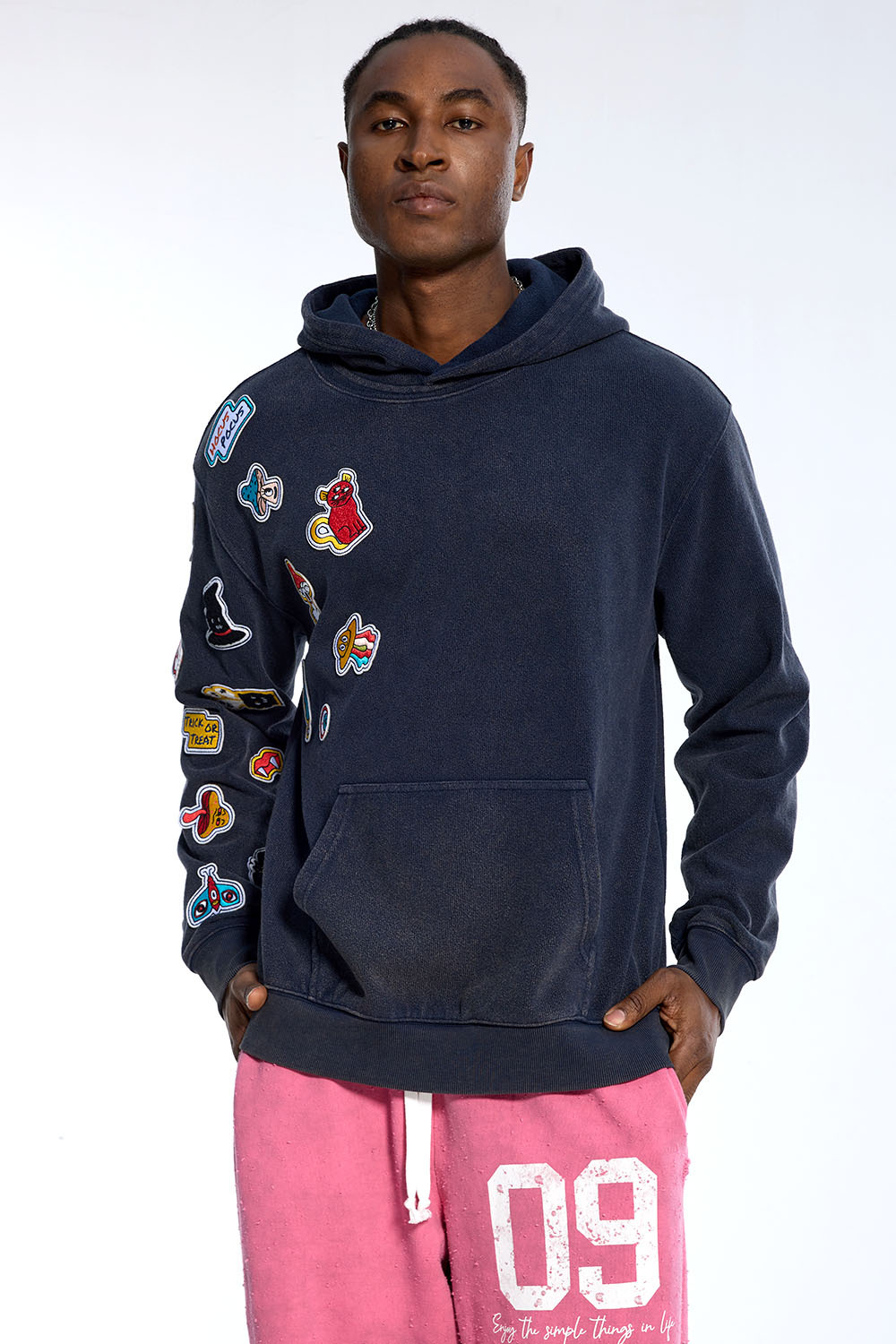 Custom Oversized Navy Hoodie - Vintage Wash & Cartoon Patch Detail High Street Sweatshirt