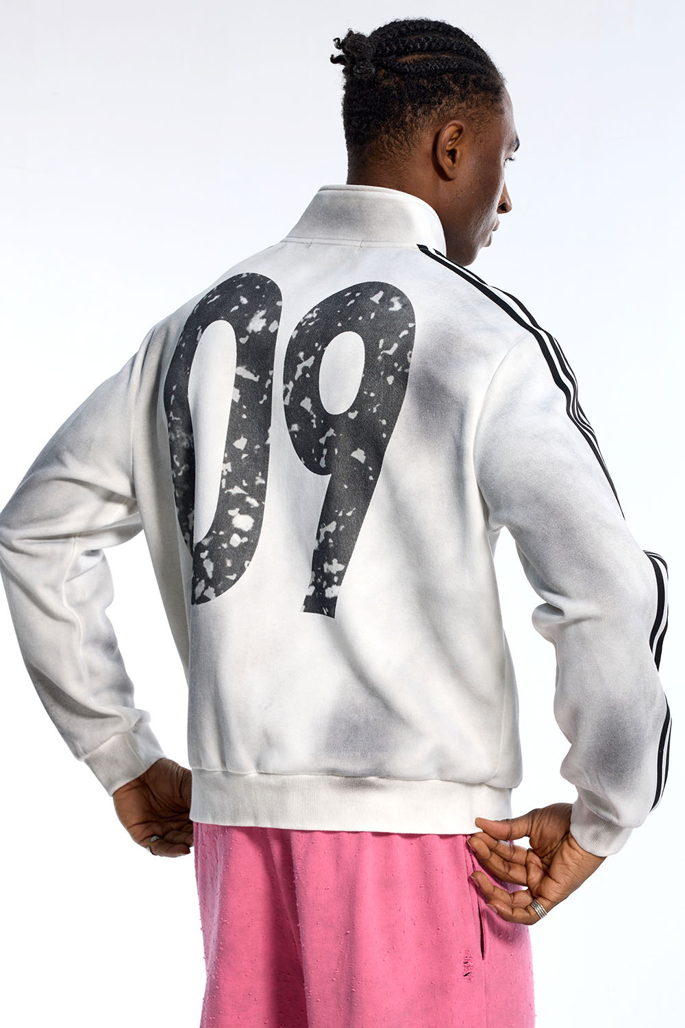 Custom Oversized White Track Jacket - Gradient Wash & Stripe Detail High Street Coat