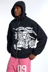 Custom Oversized Black Windbreaker - Knight Print & Hooded Detail High Street Coat