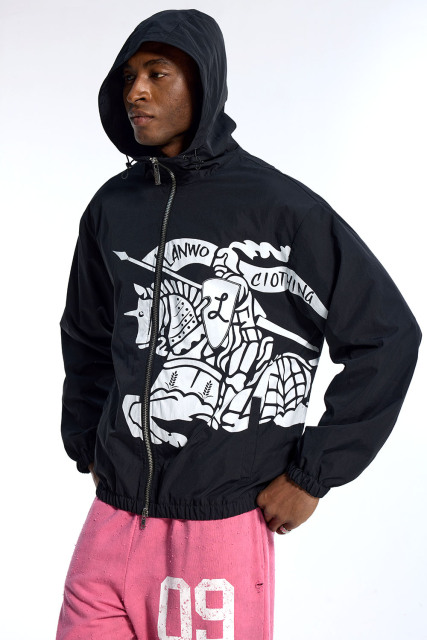 Custom Oversized Black Windbreaker - Knight Print & Hooded Detail High Street Coat