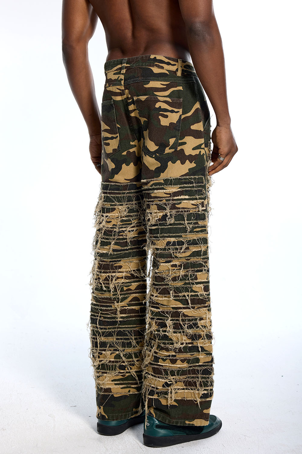 Custom Oversized Camo Jeans - Distressed Fringe & Patch Detail High Street Trousers
