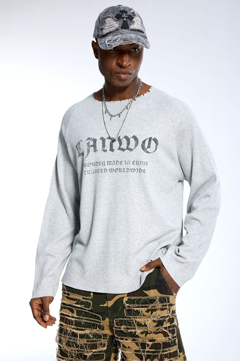 Custom Oversized Grey Long Sleeve - Raw Edge Neck & Gothic Print Detail High Street Top