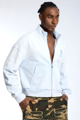 Custom Cropped Light Blue Sweatshirt - Washed Finish & Embroidered Logo Detail High Street Top