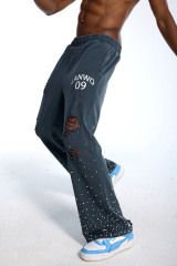 Custom Oversized Distressed Sweatpants - Pearl Stud & Rip Detail High Street Trousers