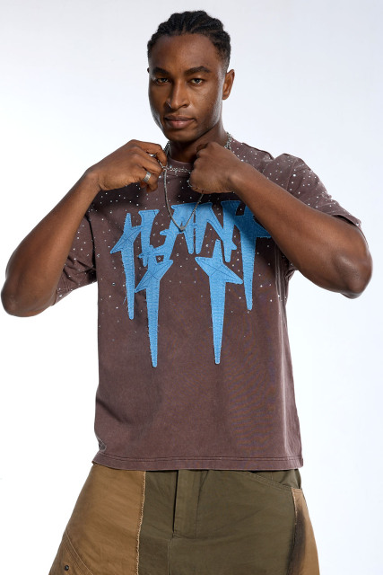 Custom Oversized Washed T-Shirt - Rhinestone & Patch Detail High Street Tee