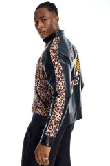 Custom Oversized Leopard Print Bomber Jacket - Black Leather Sleeve Detail High Street Coat