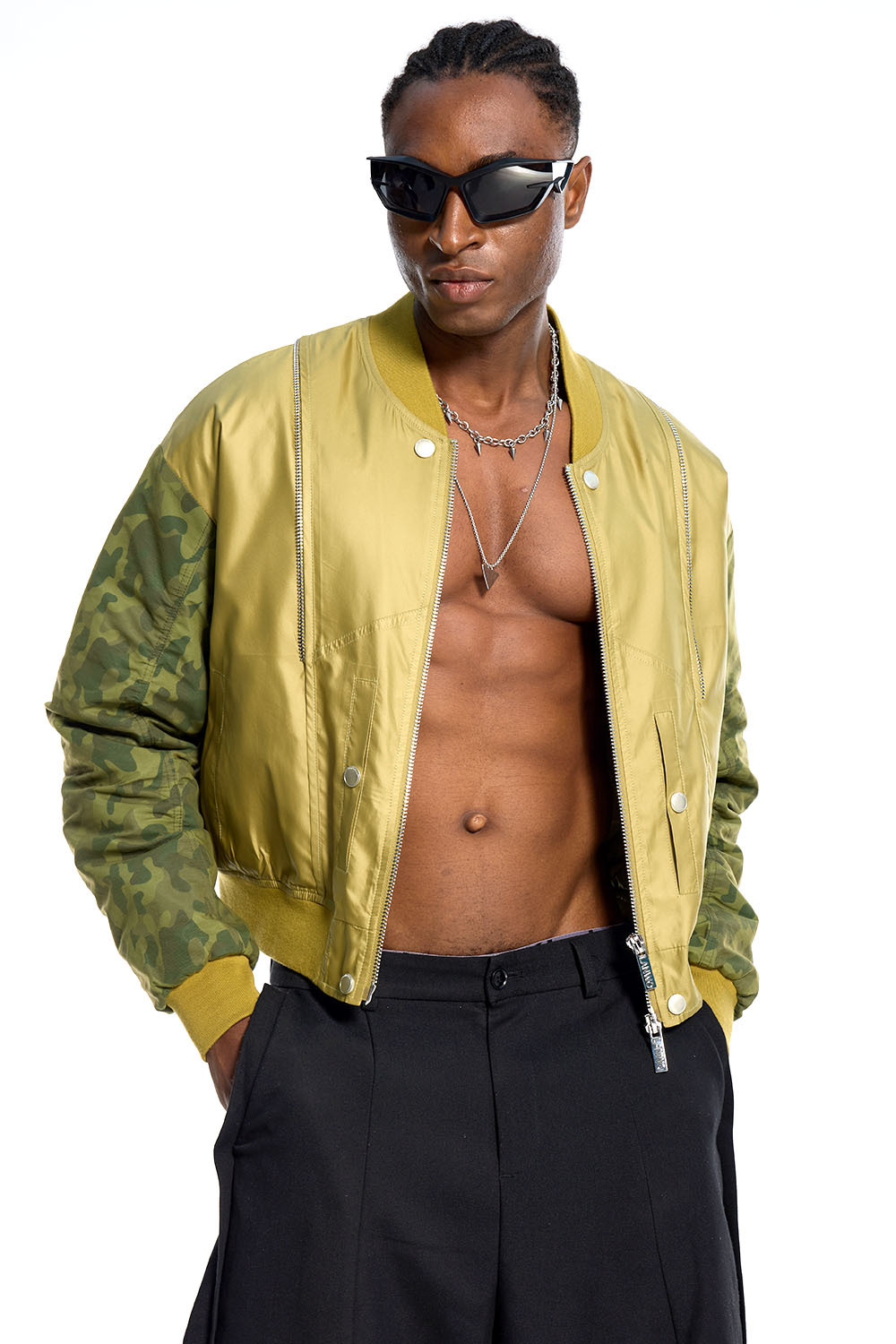 Custom Oversized Khaki Bomber Jacket - Camo Sleeve & Zipper Detail High Street Coat