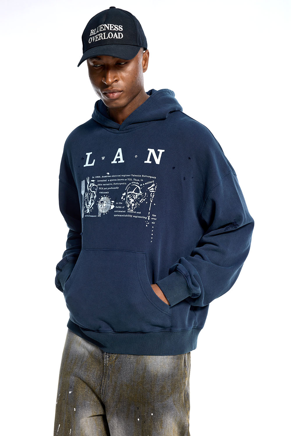Custom Streetwear Distressed Hoodie Vintage Print & Kangaroo Pocket Casual Pullover