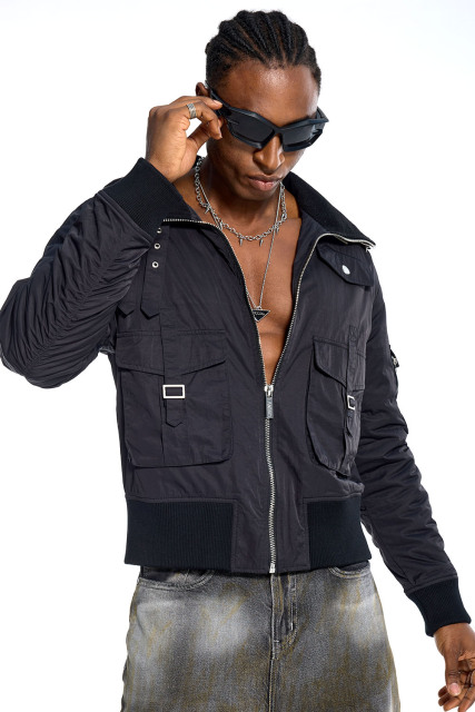 Custom Oversized Black Bomber Jacket - Cargo Pocket & Buckle Detail High Street Coat