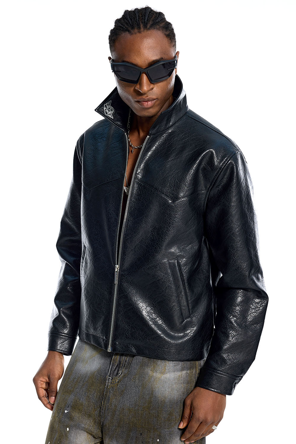 Custom Oversized Black Leather Jacket - Crackle Texture & Collar Embroidery High Street Coat