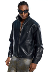 Custom Oversized Black Leather Jacket - Crackle Texture & Collar Embroidery High Street Coat