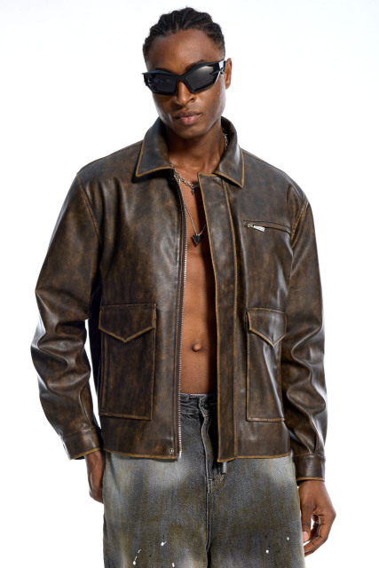 Custom Oversized Brown Leather Jacket - Vintage Wash & Utility Pocket Detail High Street Coat