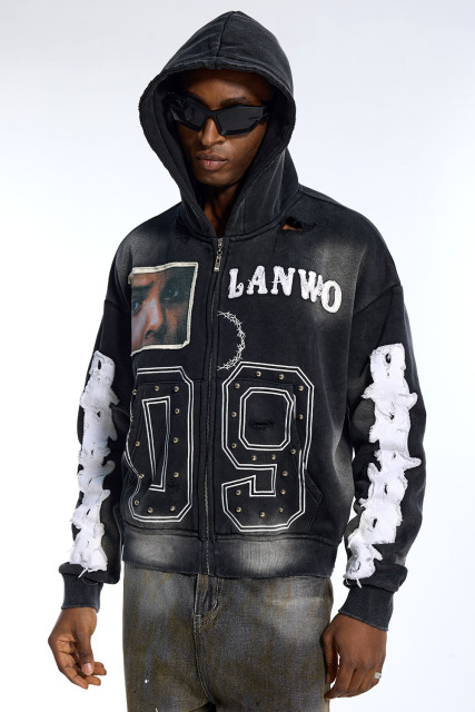 Custom Oversized Black Wash Hoodie - Face Patch & Distressed Sleeve Detail High Street Sweatshirt