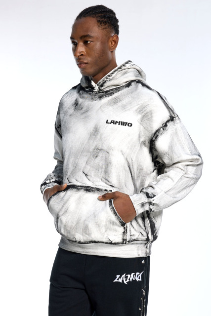 Custom Oversized Black & White Hoodie - Hand-Painted Wash Detail High Street Sweatshirt