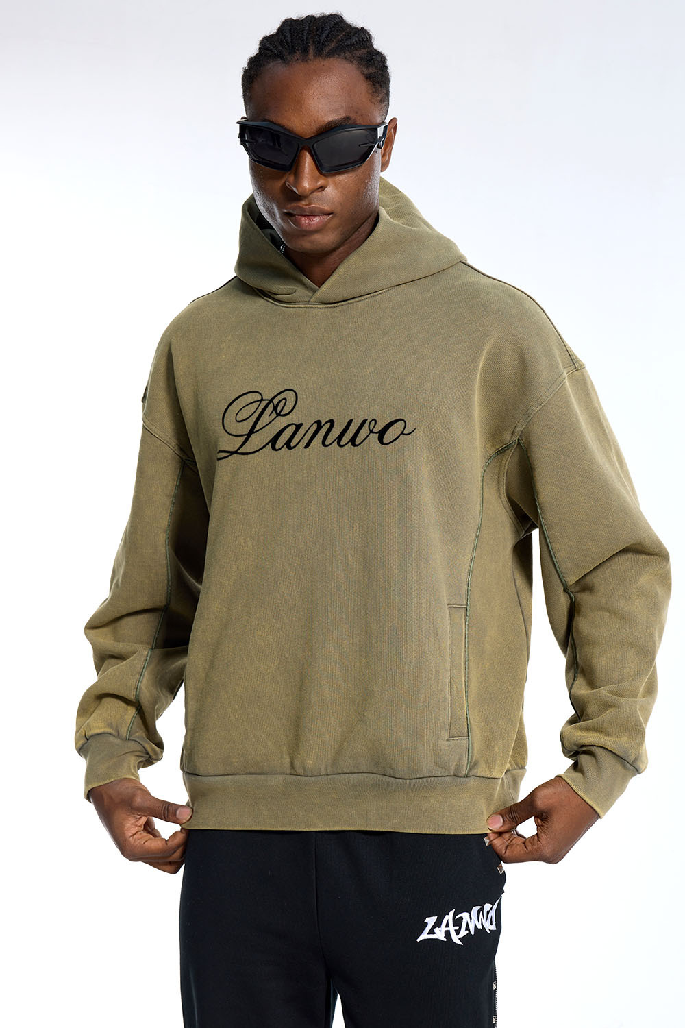 Custom Oversized Olive Hoodie - Vintage Wash & Seam Detail High Street Sweatshirt