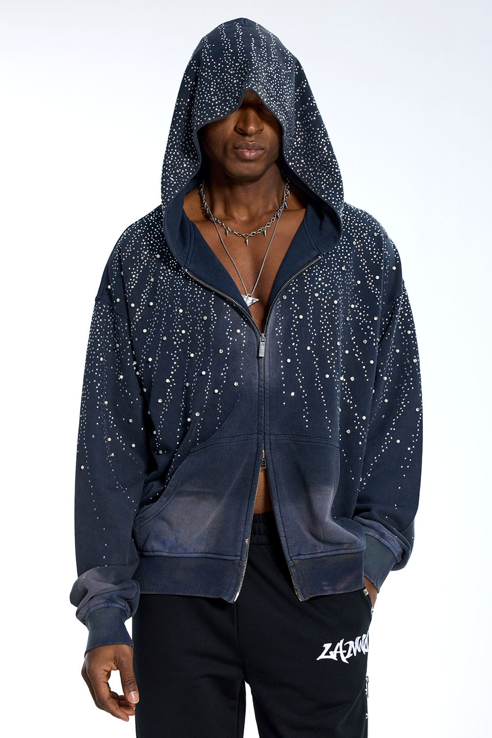 Custom Oversized Navy Wash Hoodie - Rhinestone Drip Detail High Street Sweatshirt