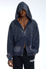 Custom Oversized Navy Wash Hoodie - Rhinestone Drip Detail High Street Sweatshirt