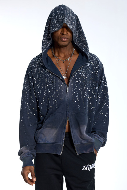 Custom Oversized Navy Wash Hoodie - Rhinestone Drip Detail High Street Sweatshirt