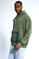 Custom Oversized Green Wash Hoodie - Embossed Detail & Raw Edge Fringe High Street Sweatshirt