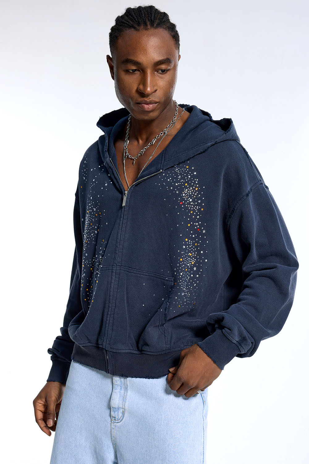 Custom Streetwear Distressed Hoodie - Star Rhinestone Embellished & Raw Edge Casual Jacket